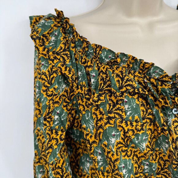 J. Crew Ratti Elephant Print Blouse Woman’s size 14 green off shoulder button up - Picture 3 of 14